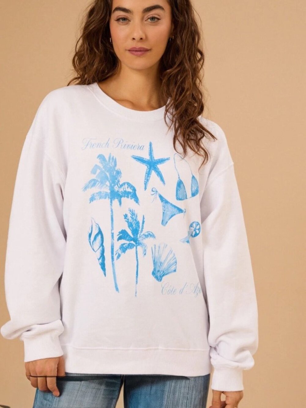 ALTAR'D STATE White "French Riviera" Graphic Oversized Sweatshirt Sz XS